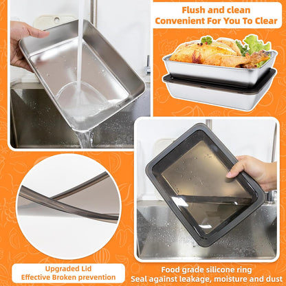 4 PCS Stainless Steel Food Storage Containers with lids,2.16 Inch Deep, 8x10 Inch Stainless Steel Oven plate, Metal Roasting Pan for Meal Prep、Meat, Rustproof & Heavy, Freezer & Dishwasher Safe
