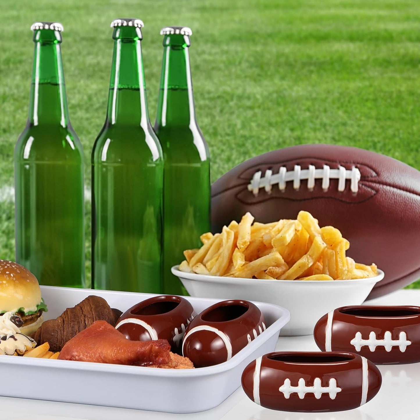 Vesici 4 Pcs Football Stadium Chip and Dip Sports Serving Set with 2 Ceramic Bowls and 2 Melamine Trays for Football Tailgate Decorations