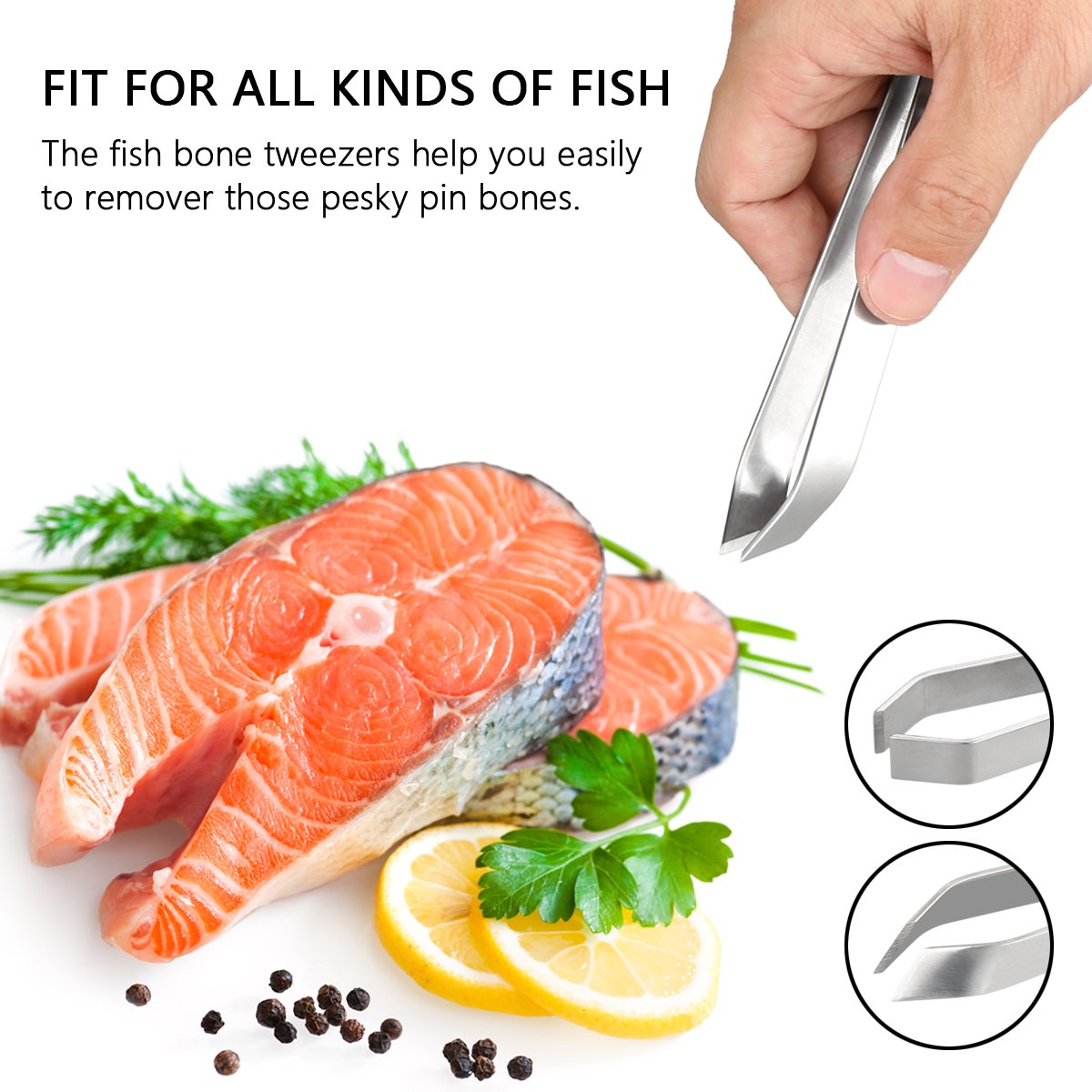 4 Pieces Fish Bone Tweezers Set, Two 4.6" Stainless Steel Tweezer and Two 5.5" Tongs for Cooking Food Design styling.
