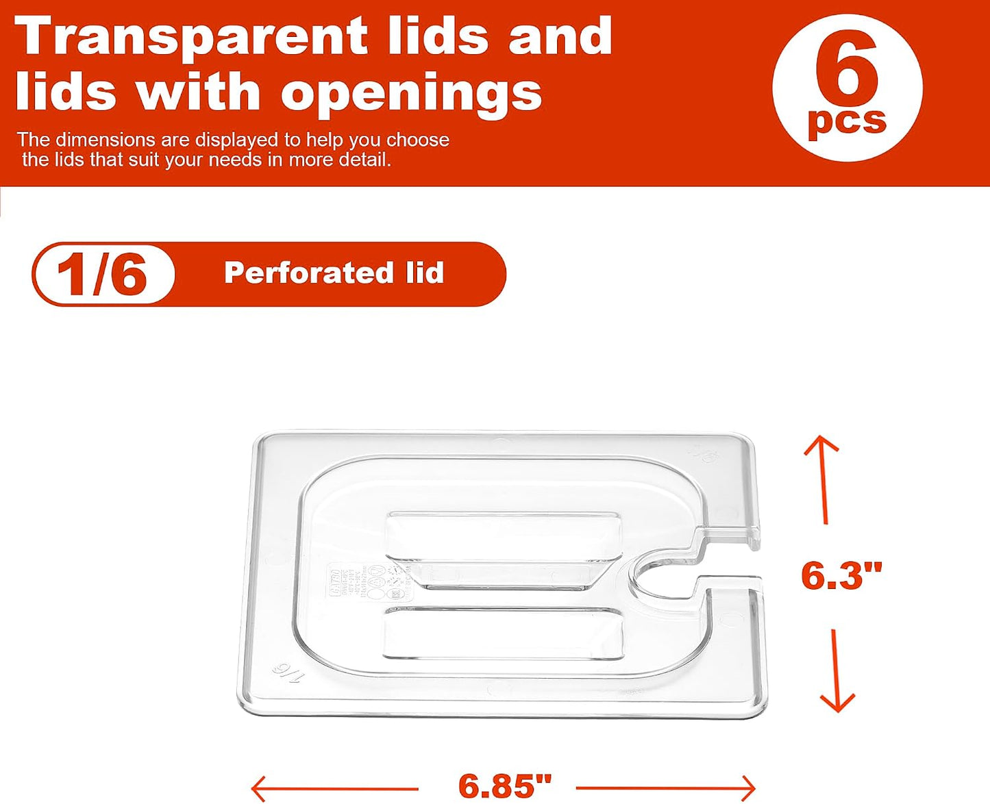 6-Pack Clear Polycarbonate Handled Lids for 1/6 Size NSF Food Pans