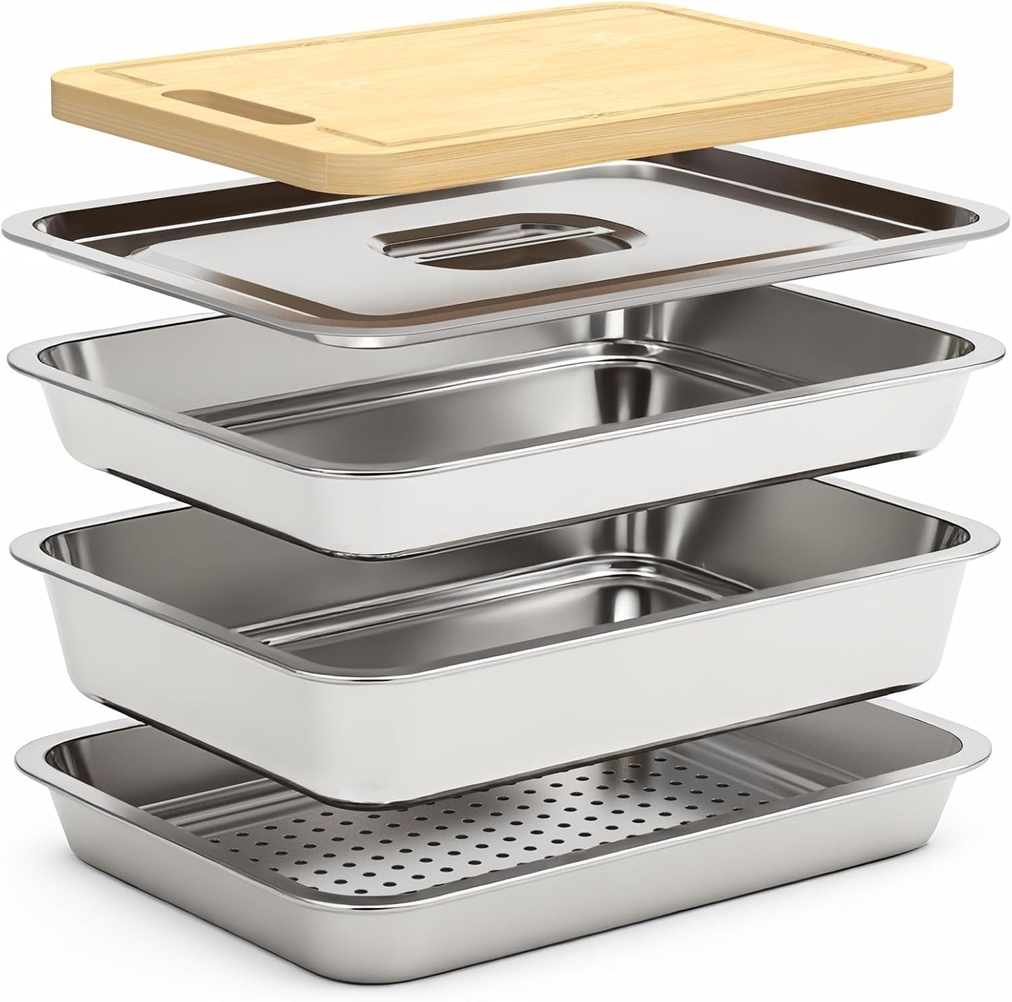 Grilling Prep and Serve Trays with Mesh Tray, Stainless Steel Grilling Prep and Serve Tray, Marinade Container with Lid, Mesh Tray, Cutting Board, BBQ Grill Accessories, Grilling Gifts for Mens