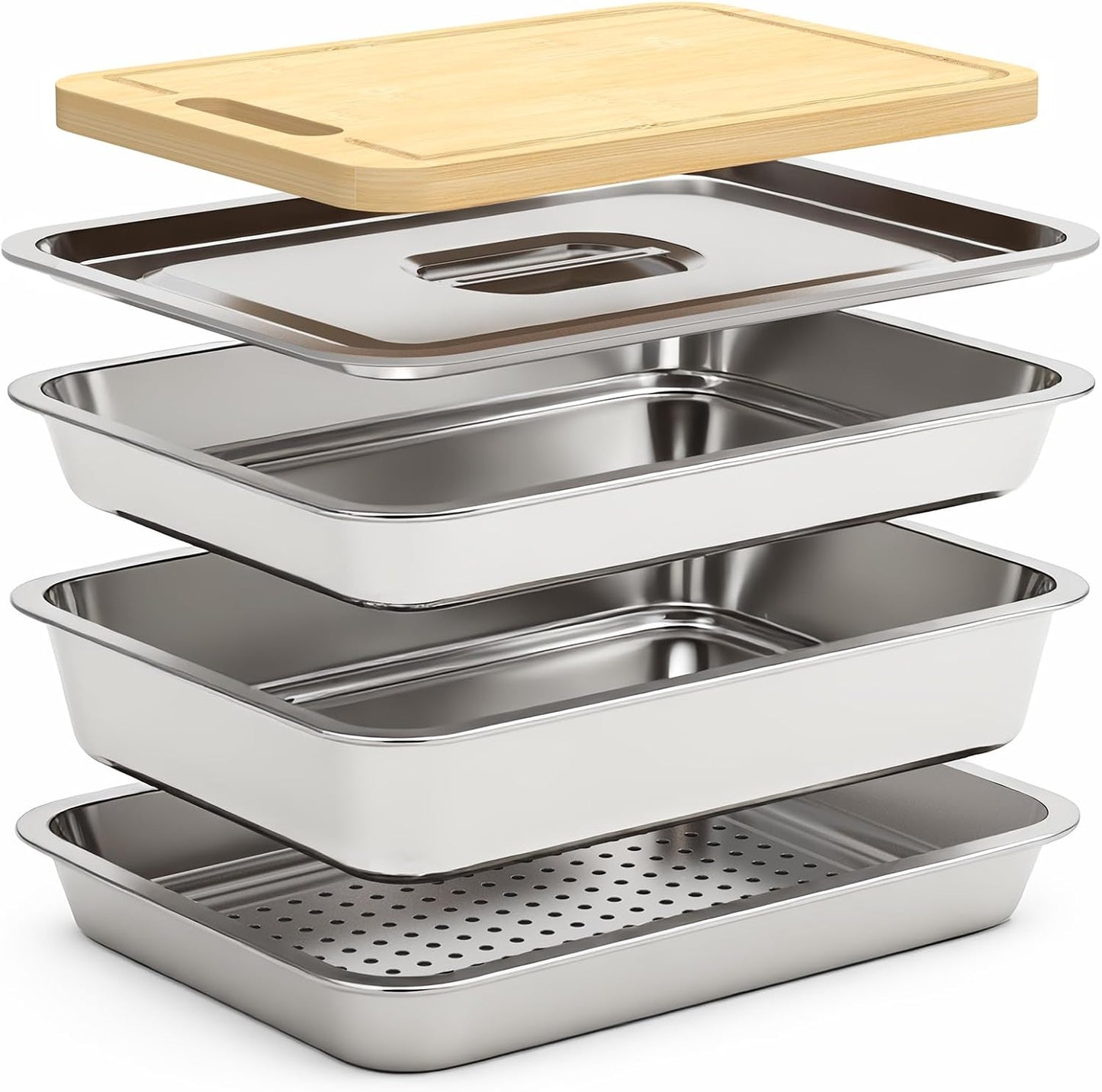 5pcs Grill Prep Trays Sets, Stainless Steel Grilling Prep and Serve Tray, Marinade Container with Lid, Thawing Board, Cutting Board, BBQ Grill Accessories, Grilling Gifts for Mens