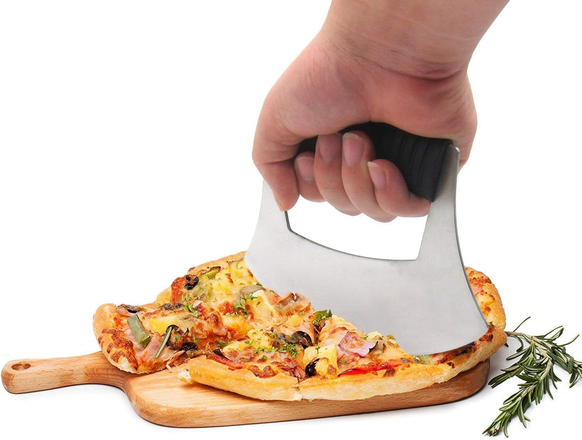 KAYCROWN Mezzaluna Knife Pizza Cutter Salad Chopper - Stainless Steel Sharp Rocker Ulu Knife with Protective Cover for Cutter Pizza, Meat, Vegetables, Herbs, Salad
