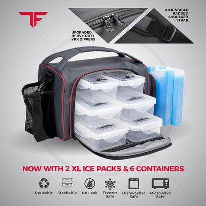 ThinkFit Insulated Meal Prep Lunch Box with 6 BPA-Free, Reusable, Microwavable, Freezer Safe Food Portion-Control Containers, Shaker Cup, Pill Organizer, Lunch Bag with Storage Pocket - (Black)