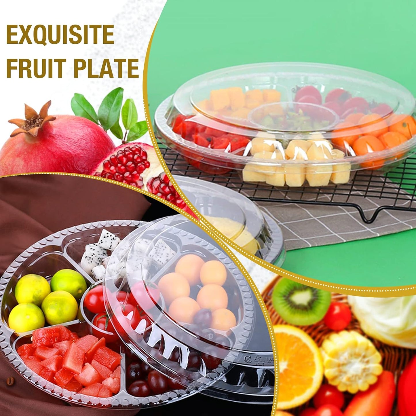 10 Pcs Round Plastic Appetizer Tray with Lid Divided Serving Tray Disposable Food Storage Trays Containers Plastic Tray Storage Snack Fruit Vegetable Trays for Party (black, 13.7 x 13.7 x 2 Inch)