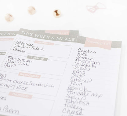 bloom daily planners Weekly Meal Planning Pad - Magnetic Hanging Refrigerator Menu Planner with Tear-Off Sheets & Perforated Grocery Shopping Lists - 6” x 9” (Grey & Pink)