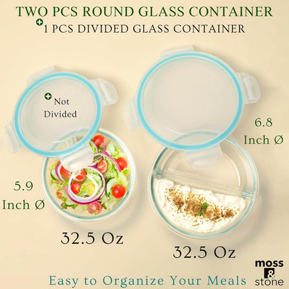 Moss and Stone Rectangular Borosilicate Glass Meal Food Containers - Prep Food Storage Containers Airtight - Snap Locking Lids – Microwave, Oven, Freezer, Dishwasher Safe – with 2 Compartment 2 Pack