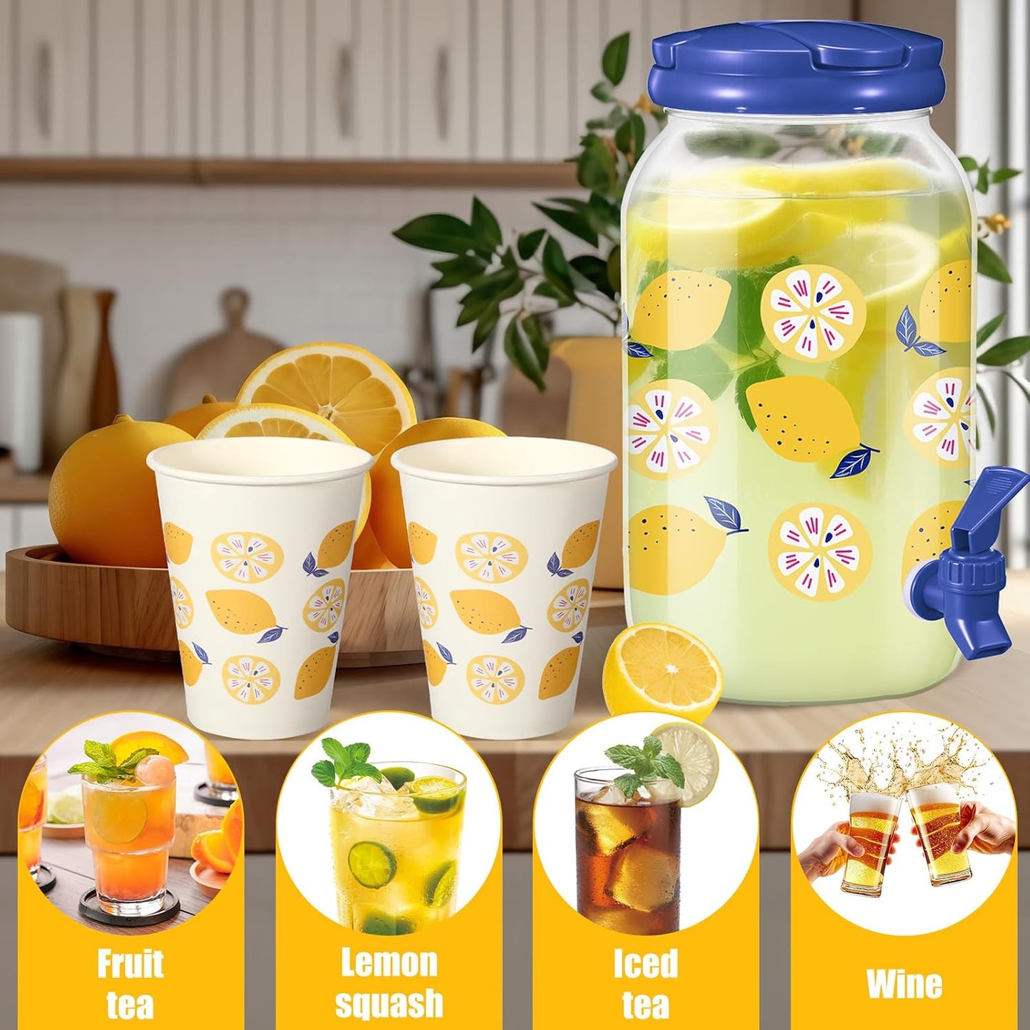 Umigy Tree Clear Plastic Drink Dispenser with 20 Pcs 12 oz Tropical Paper Cups 1 Gallon Kitchen Fridge Beverage Dispenser Plastic Water Dispenser with Spigot for Juice Tea Beer(Orange)