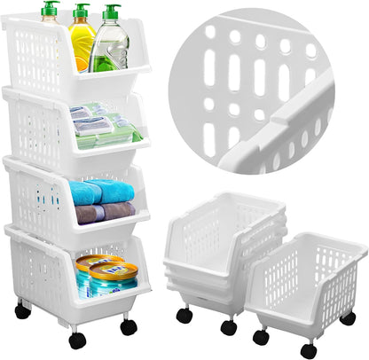 TidyFriend Plastic Stackable Storage Bins Clear - 4 Pack Large Open Front Bins For Toy Organizers and Pantry, Kitchen, Bathroom Essentials