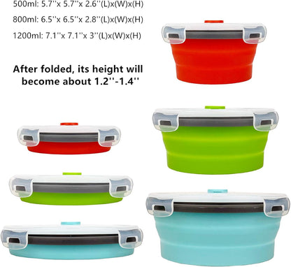 CARTINTS Round Collapsible Bowls with Lids, Reusable Silicone Food Storage Containers, 3Pack 500-800-1200ML, Stackable Space Saving, Microwave and Freezer Safe, Meal Prep Container