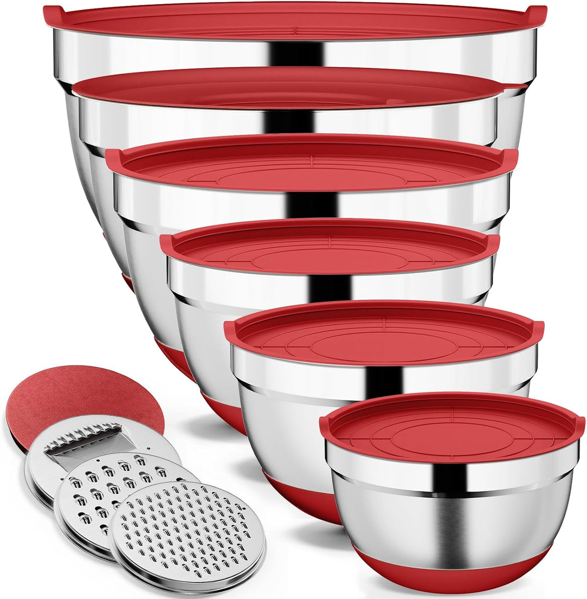 9 Pack Mixing Bowls with Airtight Lids & Grater Attachments, Khaki