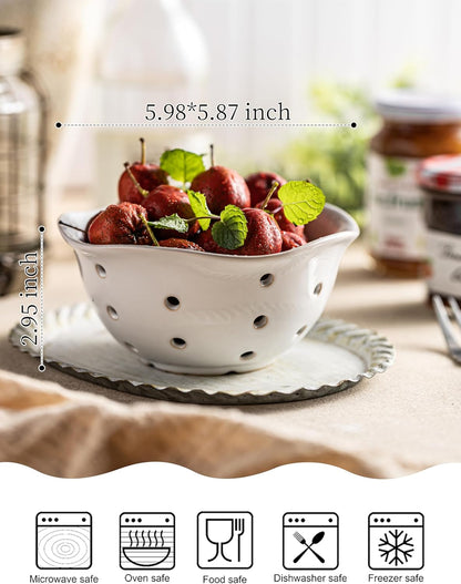 Gomakren Berry Bowls with Holes Ceramic, Berry Washing Bowl Basket Set of 2, 5.8 Inch Round Fruit Bowl Storage Containers, Strawberry Baskets, Farmhouse Kitchen Decor, Yellow + Brown