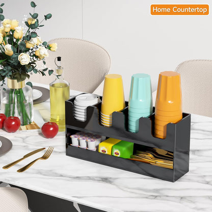 Beego 2-Compartment Cup Holder for Countertop - 2-Tier Clear Acrylic Cup Dispenser Coffee Station Paper Cup and Lid Organizer Condiment Storage for Restaurant Breakroom Kitchen Bar Accessories