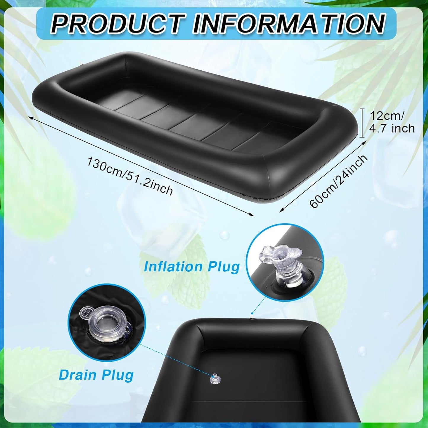 Leitee Inflatable Serving Bar with Drain Plug 52 x 24 x 5'' Inflatable Ice Serving Buffet Bar for Party Food Cooler Buffet Drink(Black,Basic Style)