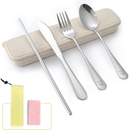 Boulder Bee | Travel Utensils Set | Reusable Camping Cutlery Set | Stainless Steel Flatware Set | Portable Silverware Set with Case | Includes Knife/Fork/Spoon/Straw/Cleaning Cloth/Case (Purple)
