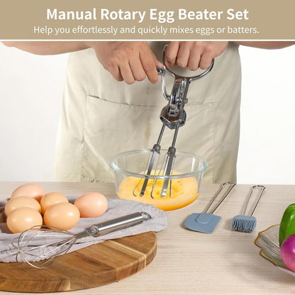 Rotary Egg Beater Set, Manual Rotating Beater with Mixer, Silicone Brush, and Spatula, Double-head Hand Push Whisk, Household Ehisk Accessories for Baking
