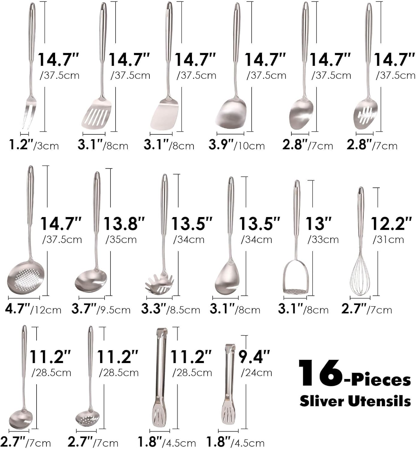 18/10 Stainless Steel Kitchen Utensils Set - 12 PCS All Metal Cooking Tools & 15″ Serving Utensils - Potato Masher, Meat Fork, Tongs, Turner, Pasta, Serving Spoon, Skimmer, Ladle, Spatula Spoon Set