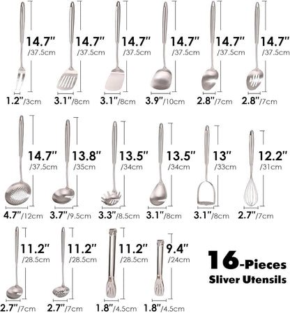 18/10 Stainless Steel Kitchen Utensils Set - 12 PCS All Metal Cooking Tools & 15″ Serving Utensils - Potato Masher, Meat Fork, Tongs, Turner, Pasta, Serving Spoon, Skimmer, Ladle, Spatula Spoon Set