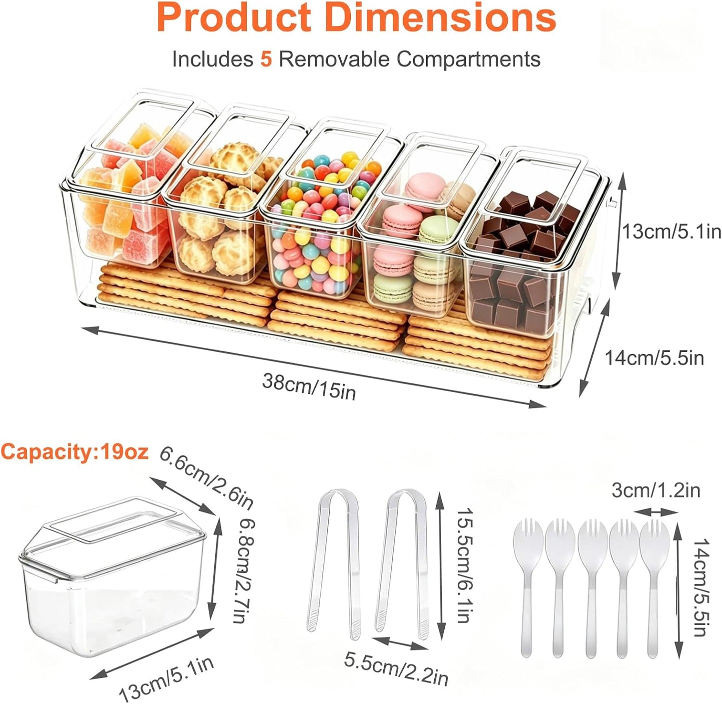Ice Chilled Condiment Caddy, Clear Condiment Tray with 5 Containers & Lids & Accessories, Ice Garnish Serving Platter for Taco Party & Mimosa Bar, Lemonade Stand, Buffet Hosting (5PC/Set)