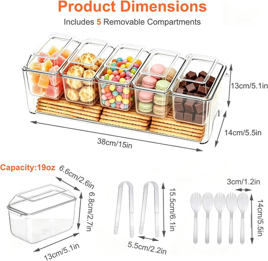 Ice Chilled Condiment Caddy, Clear Condiment Tray with 5 Containers & Lids & Accessories, Ice Garnish Serving Platter for Taco Party & Mimosa Bar, Lemonade Stand, Buffet Hosting (5PC/Set)