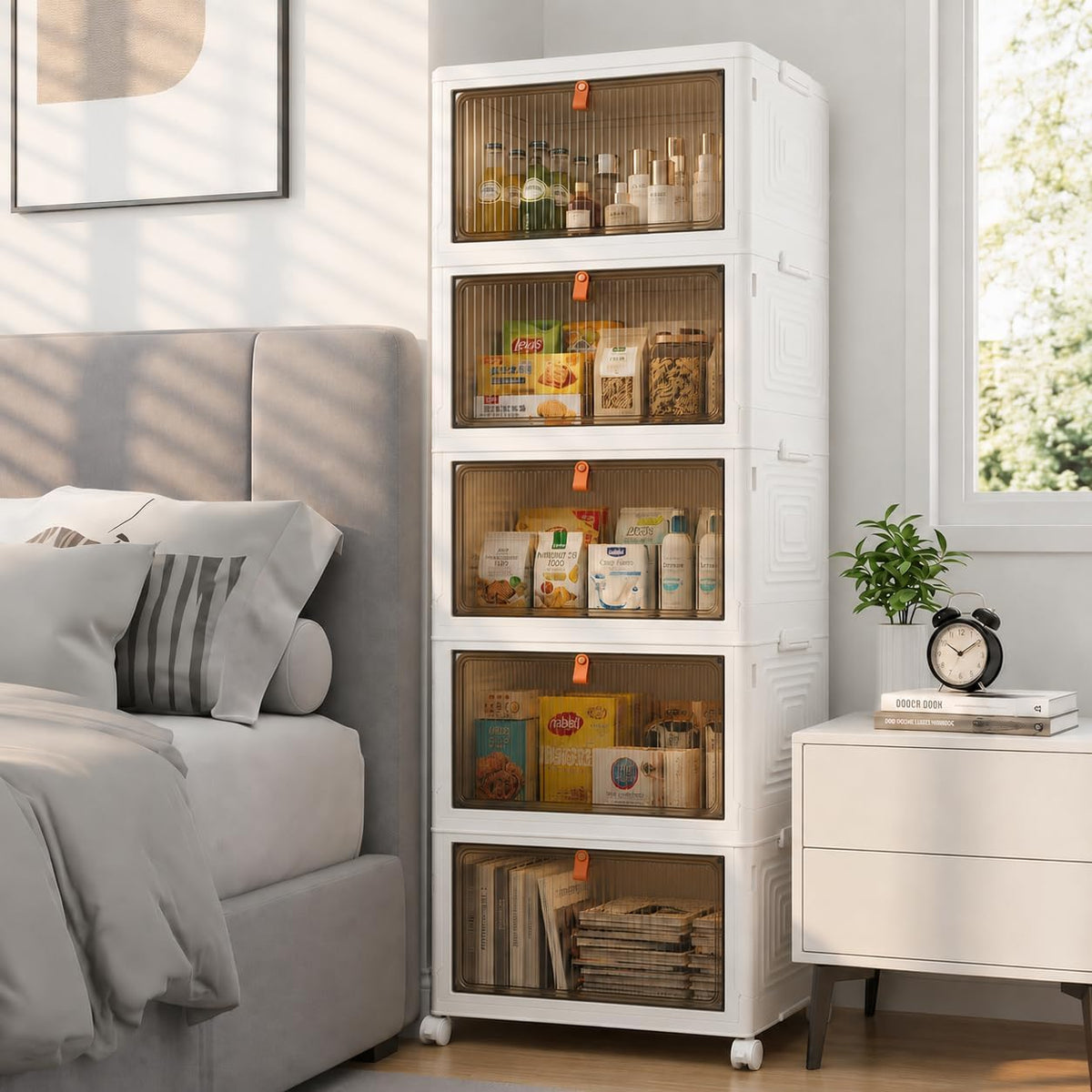LDQ 136Qt Large Storage Bins with Lids, 4 Tier Stackable Storage Cabinet with Wheels & Clear Doors, Foldable Plastic Closet Organizer for Bedroom, Bathroom & Kitchen