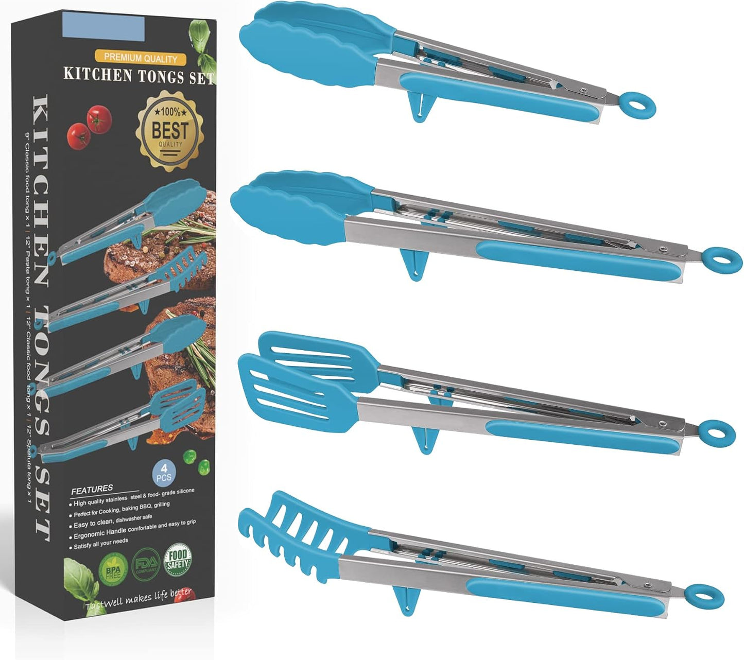 4in1 Stainless Steel Kitchen Food Tongs Set for Cooking with Silicone Tips, Toaster Steak Pie Pizza Pasta Spaghetti Noodles Salad Fruit Vegetable Grill BBQ Buffet Clamp Serving Tools Gadgets