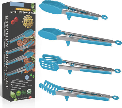 4in1 Stainless Steel Kitchen Food Tongs Set for Cooking with Silicone Tips, Toaster Steak Pie Pizza Pasta Spaghetti Noodles Salad Fruit Vegetable Grill BBQ Buffet Clamp Serving Tools Gadgets
