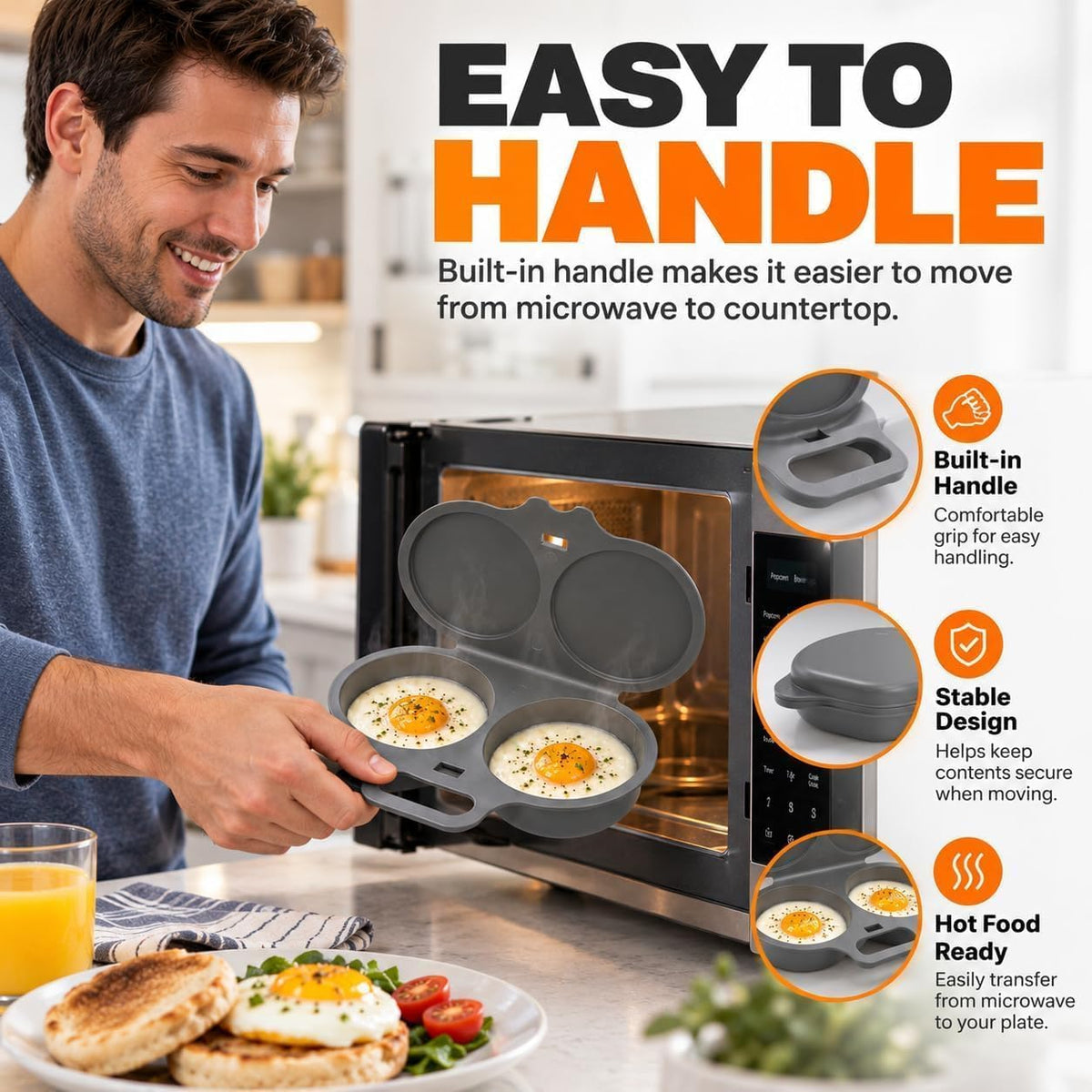 2Pcs Dual Cavity Microwave Egg Poacher With Lid & Handle,Dark grey