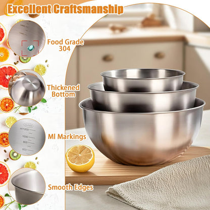 TINSKY 3 Pcs Stainless Steel Mixing Bowls Set Food Grade 304 Metal Nesting Prep Bowls for Kitchen Cooking Baking Salad, Dishwasher Safe (1.5, 2.2, 3.4 Qt)