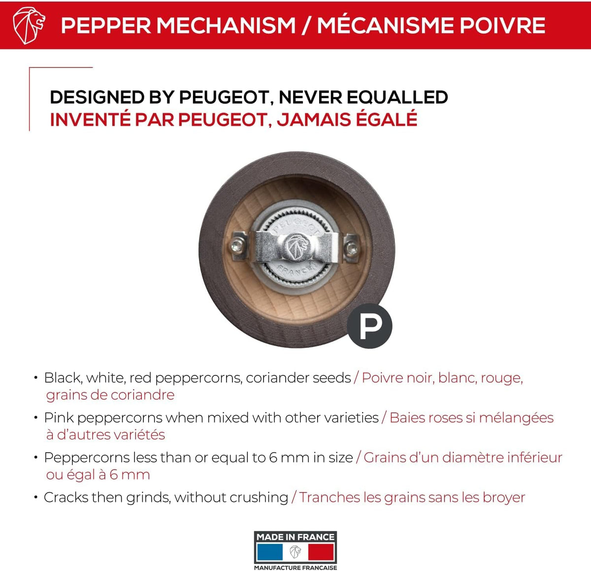 Peugeot Paris Classic Manual Pepper Mill - Adjustable Grinder - Beechwood, Chocolate, 7-Inch