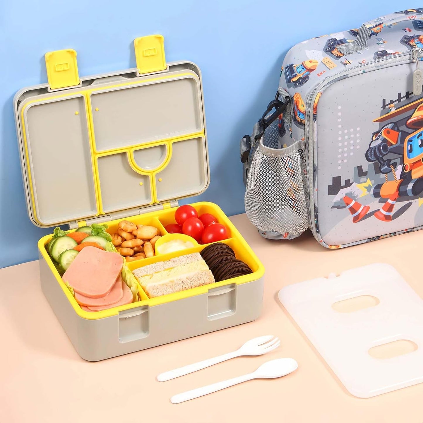 rockpapa Chill Bento Box for Kids- Large 5.5 Cups Lunch Box with Ice Pack - 5 Compartments, BPA-Free, Leak Proof, with Utensils & Portable Handle, Microwave/Dishwasher Safe (Purple Butterfly)