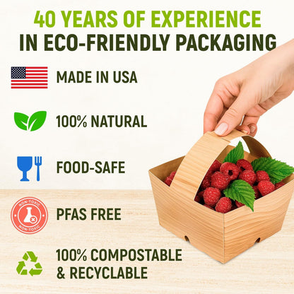 USA-Made Quart-Size Berry Baskets with Handles, Pack of 25 - 2 lbs Capacity Produce Basket for Fruits, Berries & Veggies - Premium Berry Container for Farmers Markets or Product Displays