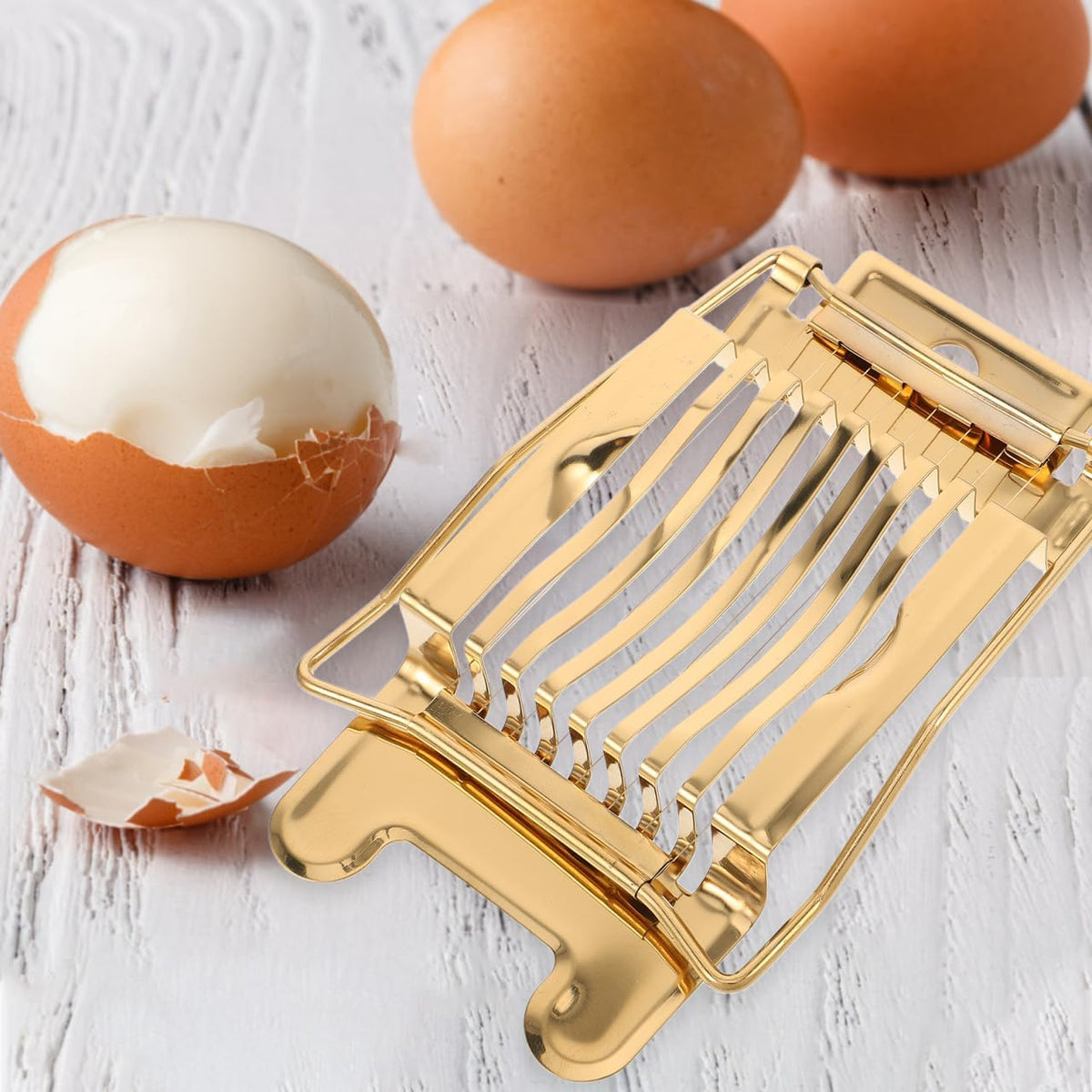 Stainless Steel Egg Slicer for Hard Boiled Eggs: Luxury Golden Metal strawberry Cutter Tool - Heavy Duty Strawberry Slicer & Mushroom Fruit Chopper Kitchen Gadget, Dishwasher Safe, 5.50"x3.65"