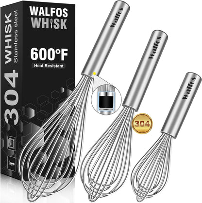 Walfos Whisk,304 Stainless Steel whisk,No-Rust 7+9+11inch Whisks for cooking Nice for Blending,Whisking,Beating.Heat resistant 600°F Dishwasher Safe. Heavy duty kitchen whisk.SILVER