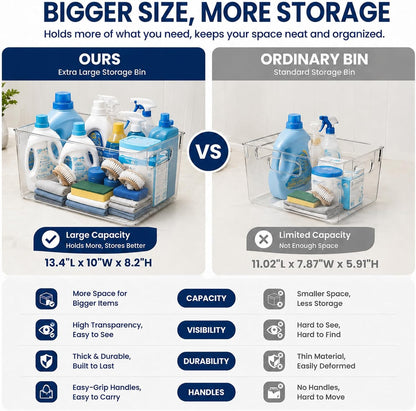 MOONEDGE 6 Pack Clear Organizer Bins 11x8x6in Pantry Organizers and Storage | Clear Containers for Organizing, Plastic Storage Bins with Handles for Drawer, Craft, Fridge, Kitchen Cabinet Shelf
