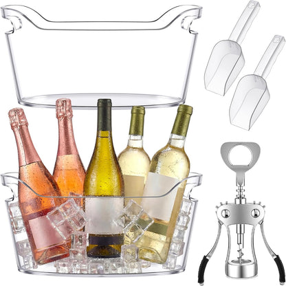 2 Pack 6.5l Ice Bucket for Party, Clear Plastic Champagne Cooler with Ice Scoop & Metal Bottle Opener, Large Portable Drink Beverage Tub for Beer & Mimosa Bar Supplies
