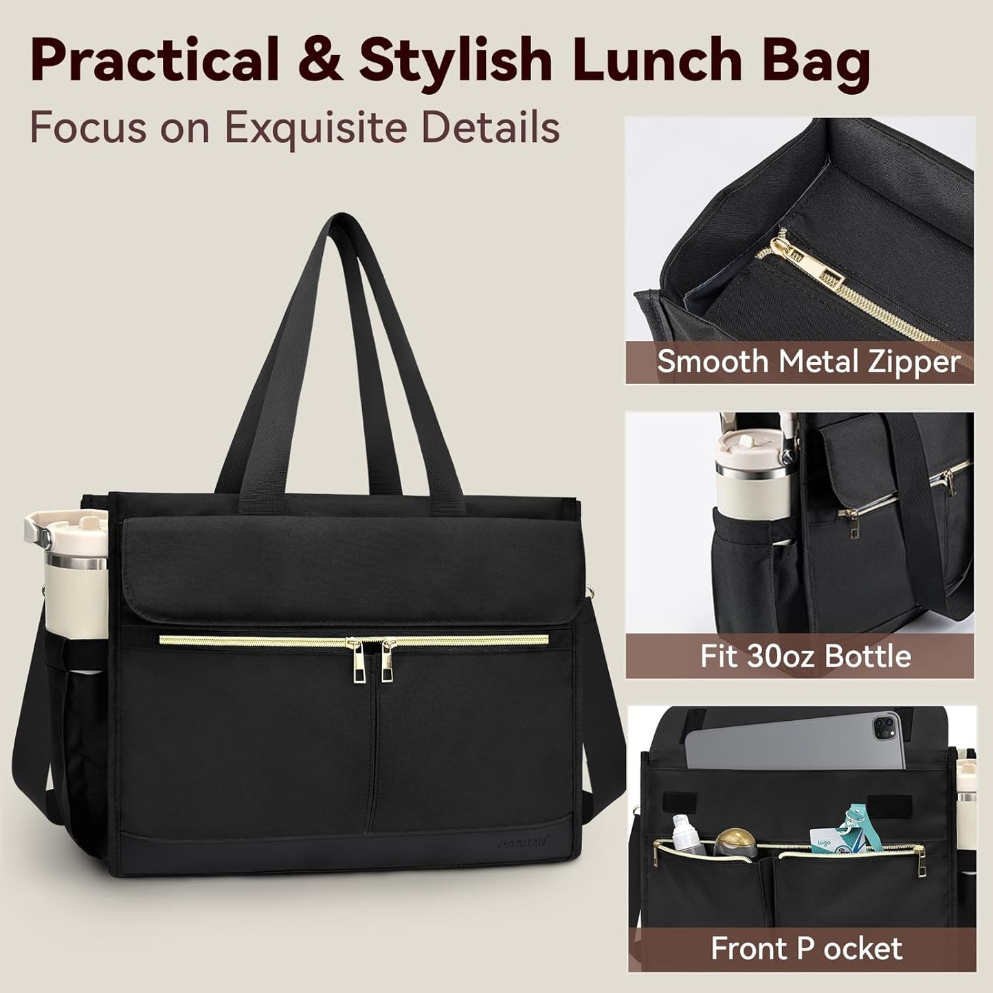 PASMAN Insulated Lunch Bag for Women, 15.6" Laptop Tote with Leakproof Cooler Compartment for Nurse Teacher Work Office and Outdoor