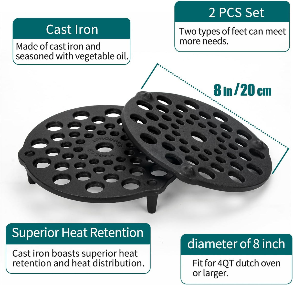Cast Iron Trivet 2 PCS Set, 8-inch, Meat Rack, Cast Iron Grate for Dutch Ovens, Raise Food in Dutch Oven, Used as Burner Diffuser, Use Directly on Camp Fire, Used as Trivet on Table