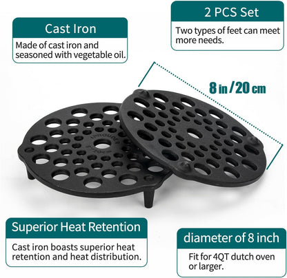 Cast Iron Trivet 2 PCS Set, 8-inch, Meat Rack, Cast Iron Grate for Dutch Ovens, Raise Food in Dutch Oven, Used as Burner Diffuser, Use Directly on Camp Fire, Used as Trivet on Table