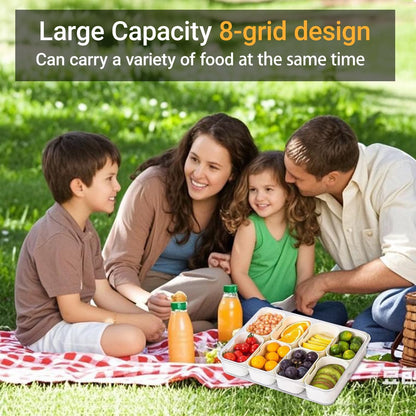 Large Divided Serving Tray with lid and handle Travel snack container Portable snackle box container for fruit, Party, Picnic -10 compartment with 3 forks and 2 spoons