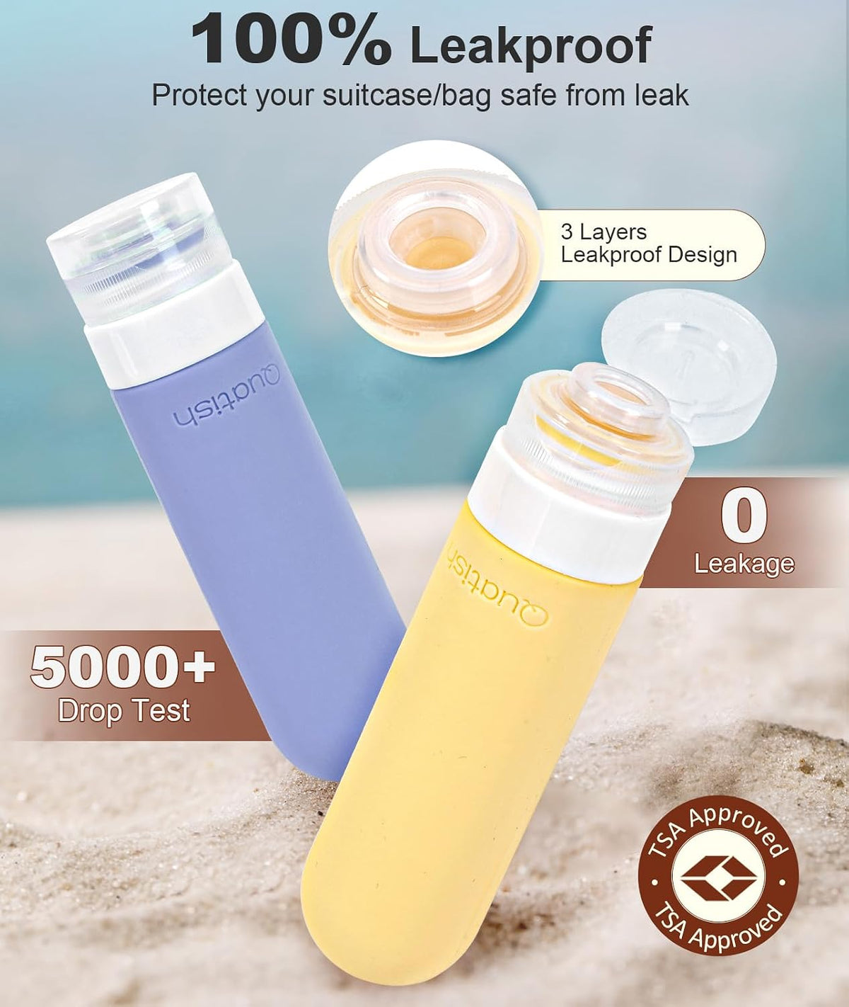 Quatish Travel Bottles for Toiletries, Original Patented Leakproof 3 oz Tsa Approved Travel Size Containers, BPA Free Silicone Shampoo and Conditioner Bottles, Camping Essentials