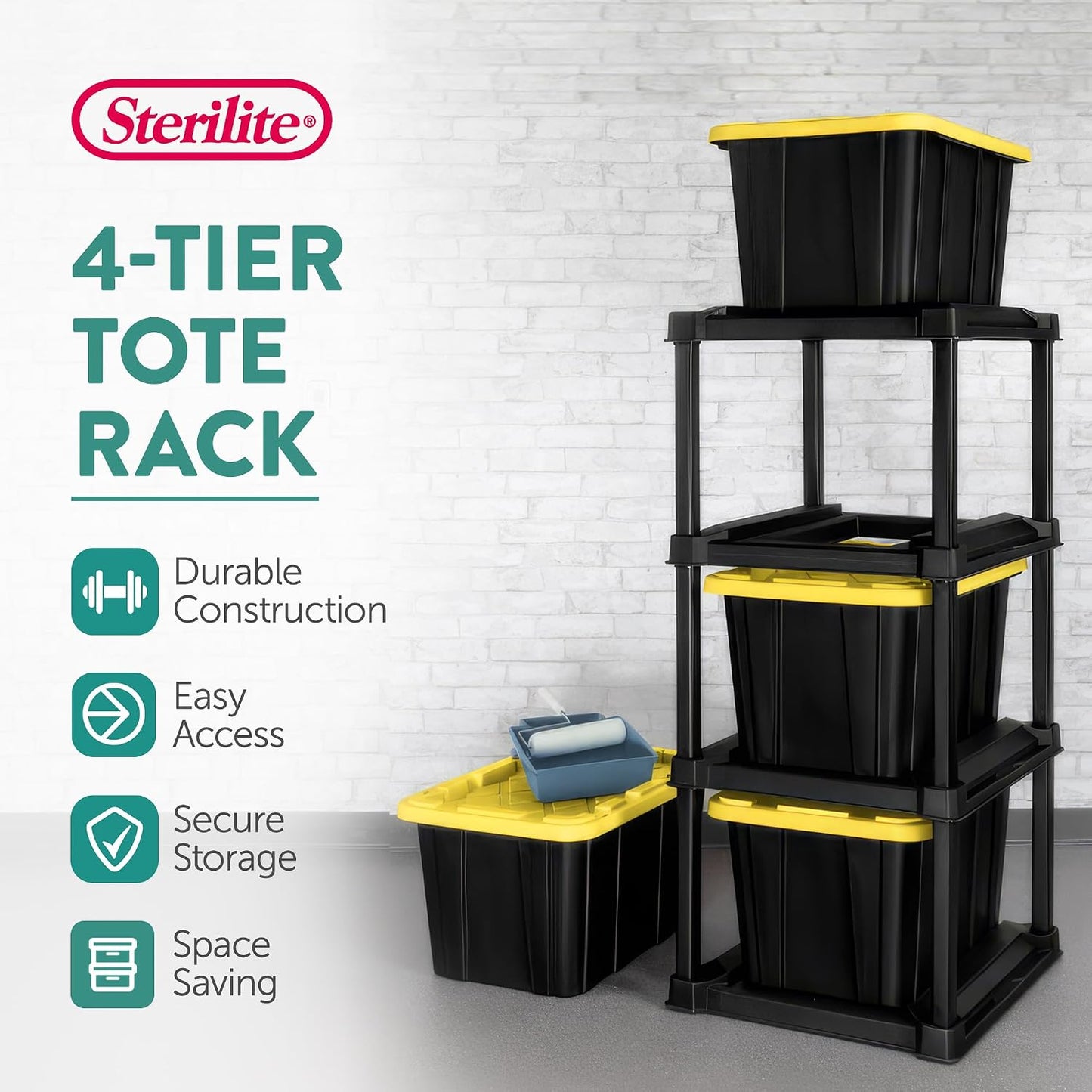 Sterilite 4-Pack 27 Gallon Industrial Storage Tote, Heavy-Duty Plastic Bins, Black/Yellow - Stackable Utility Organizers with Lids for Garage, Camping Tools, and Outdoor Gear