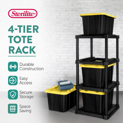 Sterilite 4-Pack 27 Gallon Industrial Storage Tote, Heavy-Duty Plastic Bins, Black/Yellow - Stackable Utility Organizers with Lids for Garage, Camping Tools, and Outdoor Gear