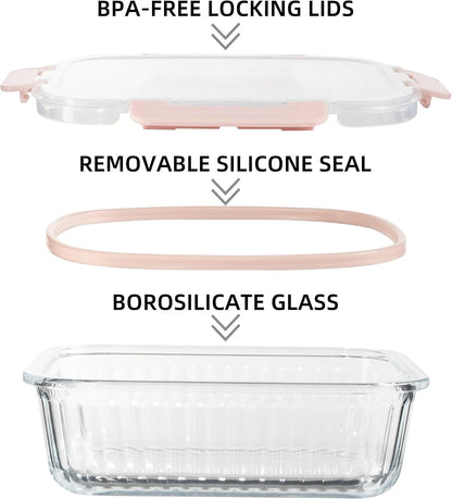 10 Pack Glass Food Storage Containers with Lids (34oz & 12oz) - Airtight, Leakproof, Meal Prep Containers for Kitchen - Dishwasher, Microwave, Oven, Freezer Safe High Borosilicate Glass (Pink)