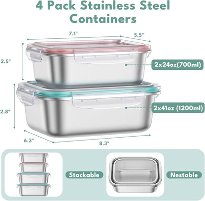 8 PCS Food Storage Containers with Lids Airtight, Stainless Steel Containers Set for Kitchen Storage, Meal Prep, Lunch Containers, Microwave/Dishwasher Safe (41oz & 24oz)