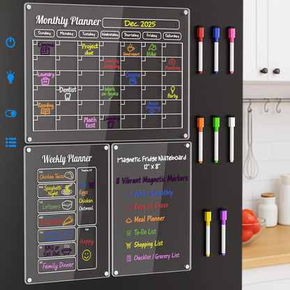 Grtard 3 Pack Acrylic Calendar for Fridge, Magnetic Calendar for Refrigerator, 16"x12" Dry Erase Whiteboard Fridge Calendar,2026 Clear Monthly Weekly Daily Memo Planning Board with 8 Markers
