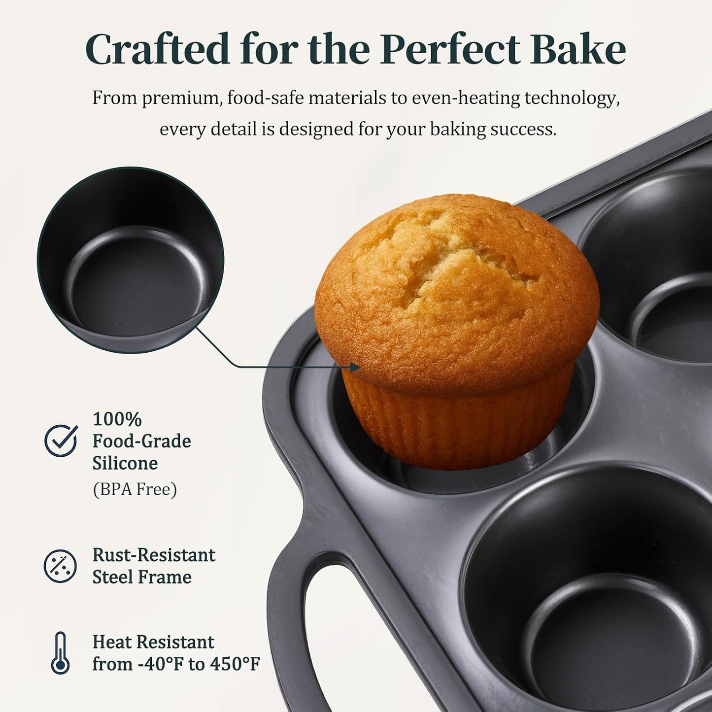 Silicone Muffin Pan with Metal Frame, 12-Cup Non-Stick Baking Pan for Cupcakes & Muffins, Dishwasher Safe & BPA Free, Durable for Meal Prep & Oven Use