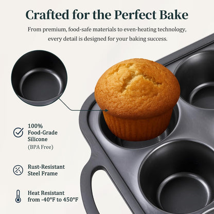 Silicone Muffin Pan with Metal Frame, 12-Cup Non-Stick Baking Pan for Cupcakes & Muffins, Dishwasher Safe & BPA Free, Durable for Meal Prep & Oven Use