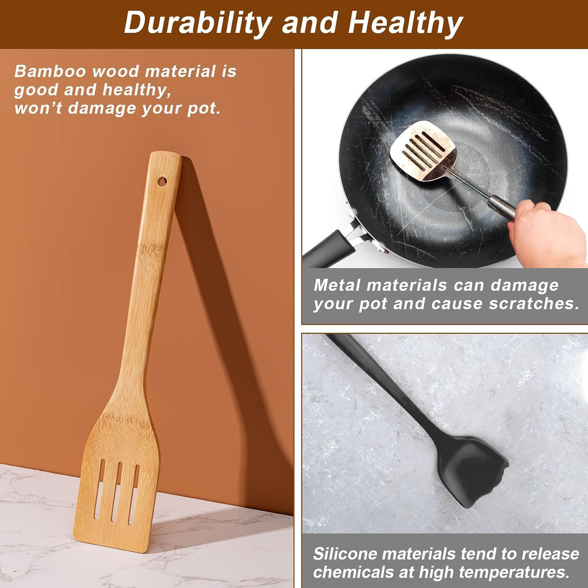 Eisinly 7-Piece Wooden Cooking Spoons, Natural Bamboo Utensil Set