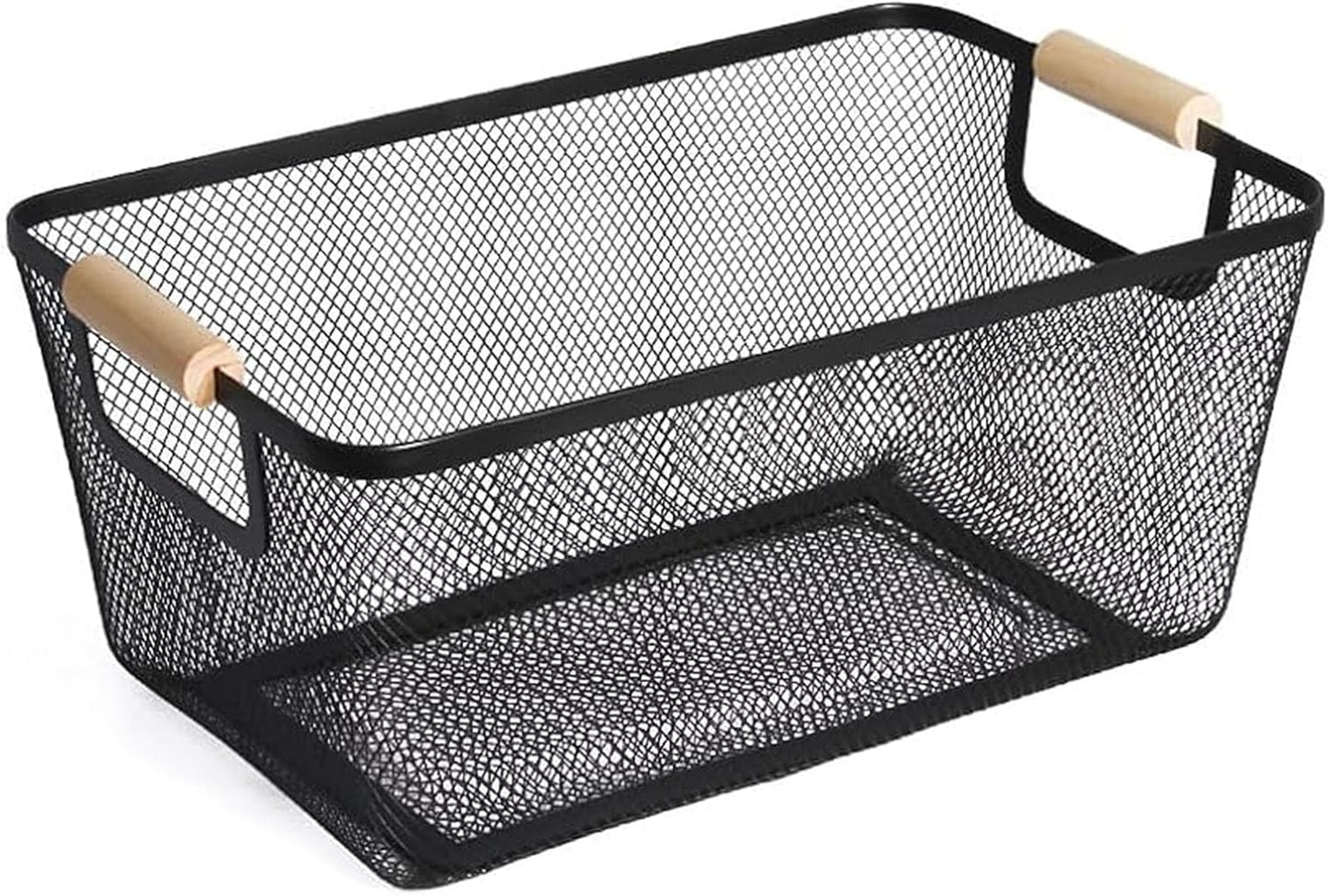 AJIODA Metal Mesh Steel Basket, Large Wire Storage Organizer Basket Multi-function Hanging Kitchen Baskets with Wood Handle for Kitchen Bathroom Picnic Home, Rectangle-Off White